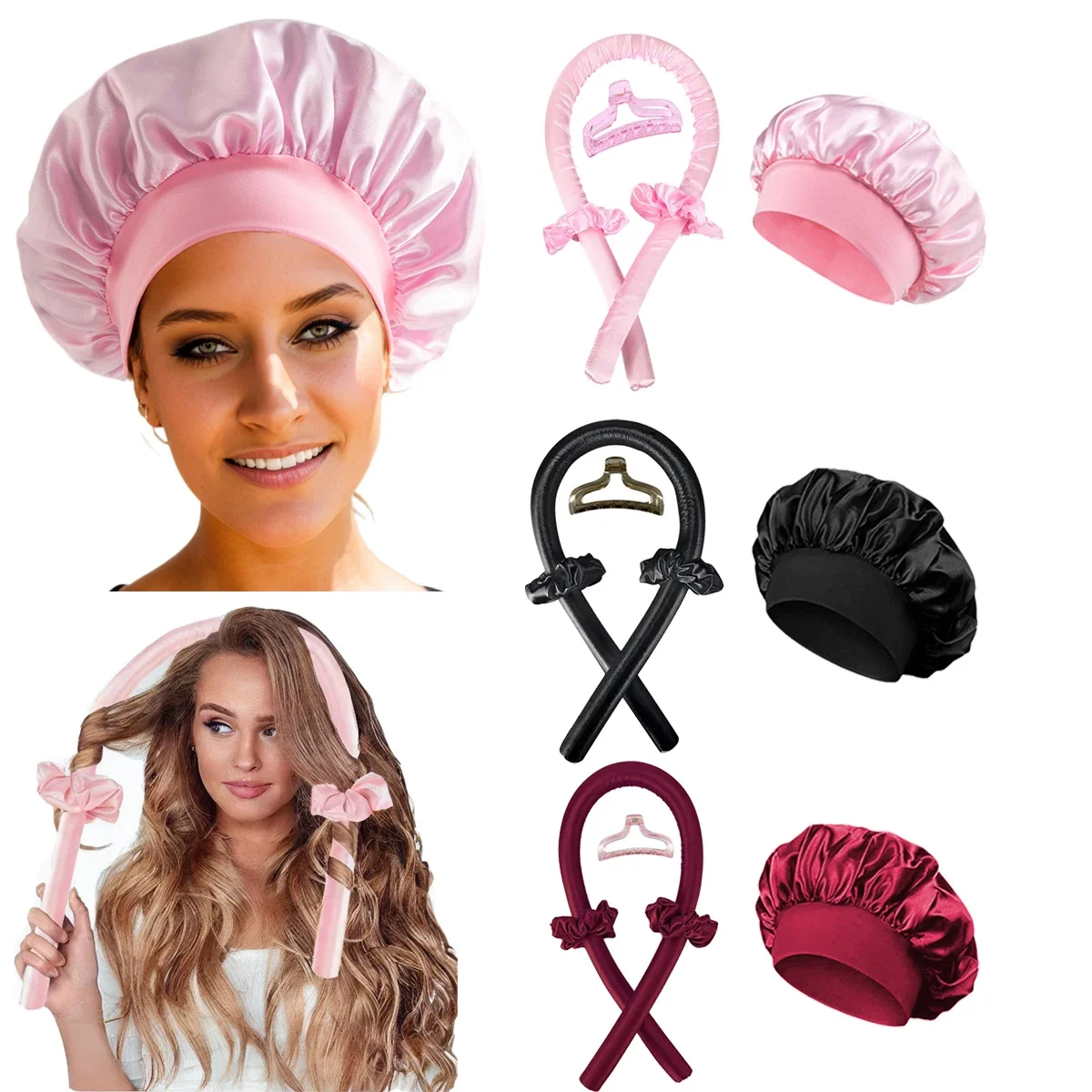 Satin Hair Bonnet - Diadema con varilla rizadora sin calor,
